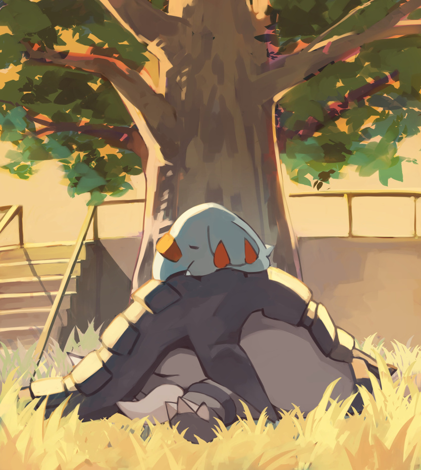 2others absurdres closed_eyes donphan gara_(qbeuxvii22) grass highres multiple_others on_grass outdoors phanpy pokemon pokemon_(creature) railing sleeping stairs tree tusks