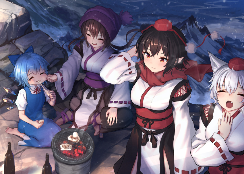 4girls black_hair blue_bow blue_dress blue_hair bow breasts brown_hair cheek_pinching cirno closed_eyes cold commentary_request crossed_legs detached_sleeves dress eating fang full_body geta hair_between_eyes hair_bow hand_on_own_head hand_up hat himekaidou_hatate inubashiri_momiji japanese_clothes kimono kourindou_tengu_costume long_sleeves medium_breasts medium_hair multiple_girls open_mouth outdoors pinching pom_pom_(clothes) red_eyes red_ribbon ribbon ribbon-trimmed_sleeves ribbon_trim roke_(taikodon) shameimaru_aya shirt shirt_under_dress small_breasts smile snowflakes snowing tengu-geta tokin_hat touhou twintails white_hair white_kimono white_shirt wide_sleeves winter_clothes yawning