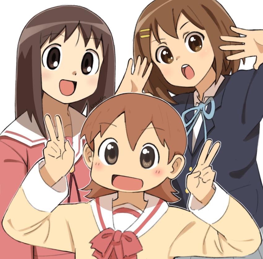 3girls :d :o aioi_yuuko arms_at_sides artist_name azumanga_daioh azumanga_daioh's_school_uniform black_jacket blazer blue_bow blue_bowtie blue_ribbon blush bob_cut bow bowtie brown_eyes brown_hair commentary crossover double_v dress_shirt english_commentary flipped_hair hair_between_eyes hair_ornament hairclip hands_up highres hirasawa_yui jacket k-on! kasuga_ayumu light_blush looking_at_viewer medium_hair multiple_crossover multiple_girls neck_ribbon nichijou open_mouth outline pink_bow pink_bowtie pink_serafuku red_ribbon ribbon sailor_collar sakuragaoka_high_school_uniform school_uniform serafuku shirt short_hair signature simple_background smile spawfin teeth tokisadame_school_uniform trait_connection upper_body upper_teeth_only v white_background white_outline white_sailor_collar white_shirt winter_uniform yellow_serafuku yellow_shirt