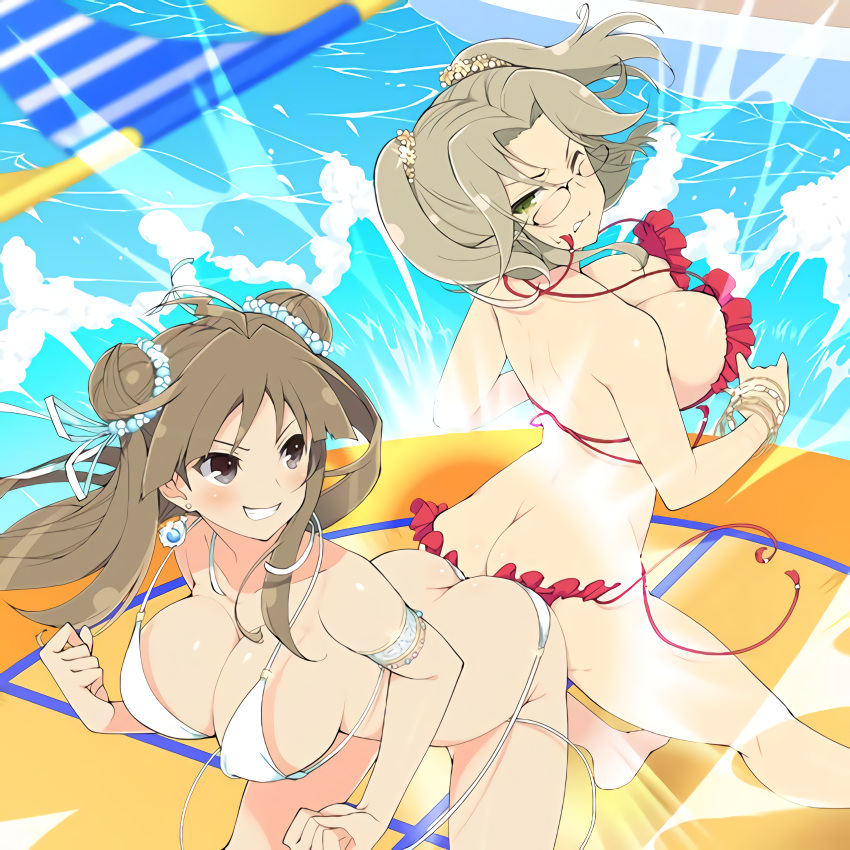 2girls absurdres ahoge armlet ass ass-to-ass ass_press back-to-back bangle bikini blush bracelet breasts brown_eyes brown_hair butt_crack cleavage clenched_teeth collarbone double_bun earrings glasses green_eyes grin hair_bun highres hip_attack holding holding_clothes holding_swimsuit imu_(senran_kagura) jewelry large_breasts light_brown_hair long_hair looking_back multiple_girls official_art parted_bangs platform pool red_bikini renka_(senran_kagura) ribbon senran_kagura senran_kagura_estival_versus senran_kagura_new_link senran_kagura_shinovi_versus short_hair short_twintails shoulder_blades side-tie_bikini_bottom smile string_of_flags swimsuit teeth twintails water waves white_bikini white_ribbon yaegashi_nan