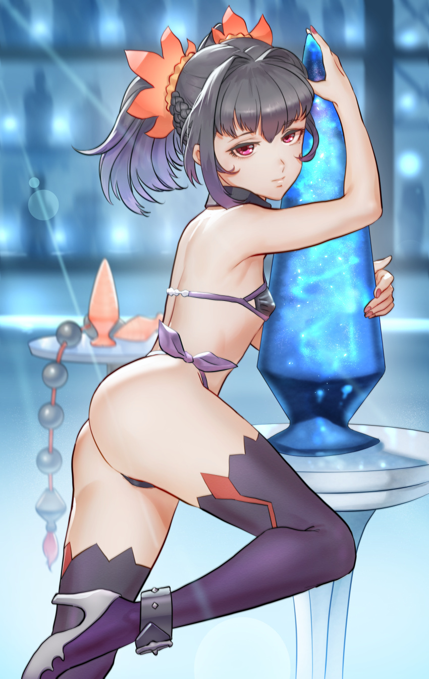 1girl absurdres animal_ears ass bare_arms bikini black_choker black_hair braid choker closed_mouth from_side gradient_hair hair_intakes hairband high_heels highres kaze_fukeba_nanashi lens_flare leotard looking_at_viewer multicolored_hair nail_polish ponytail purple_hair purple_thighhighs red_eyes red_nails solo swimsuit symonne_(tales) tales_of_(series) tales_of_zestiria thighhighs thighs white_footwear