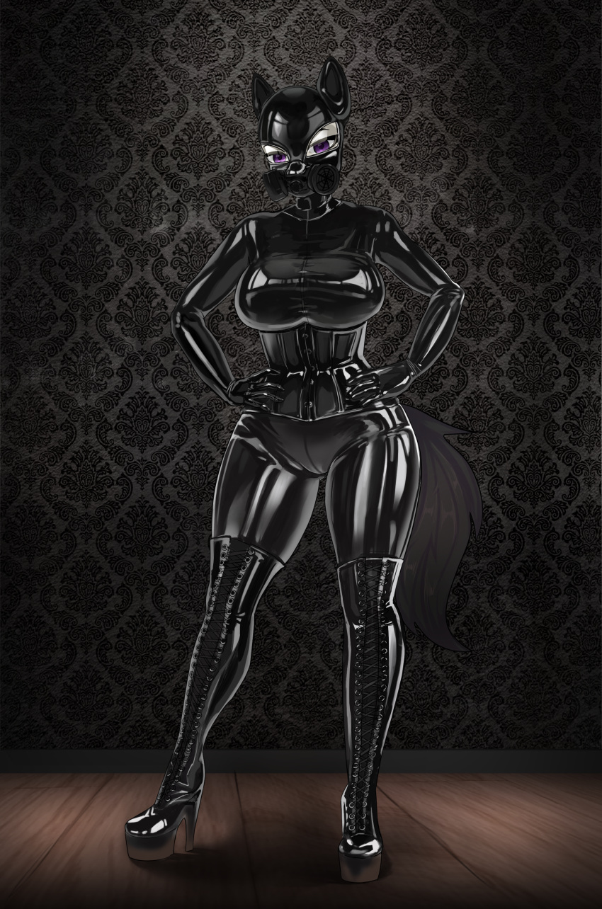 absurd_res black_latex black_tail boots clothed clothing corset earth_pony equid equine female footwear friendship_is_magic gas_mask hands_on_hips hasbro hi_res high_heeled_boots high_heels horse latex latex_skinsuit legwear lingerie looking_at_viewer mammal mask my_little_pony octavia_(mlp) pony purple_eyes skinsuit tail thigh_boots thigh_highs tight_clothing topwear transfaled_(fwexz) wedge_(footwear)