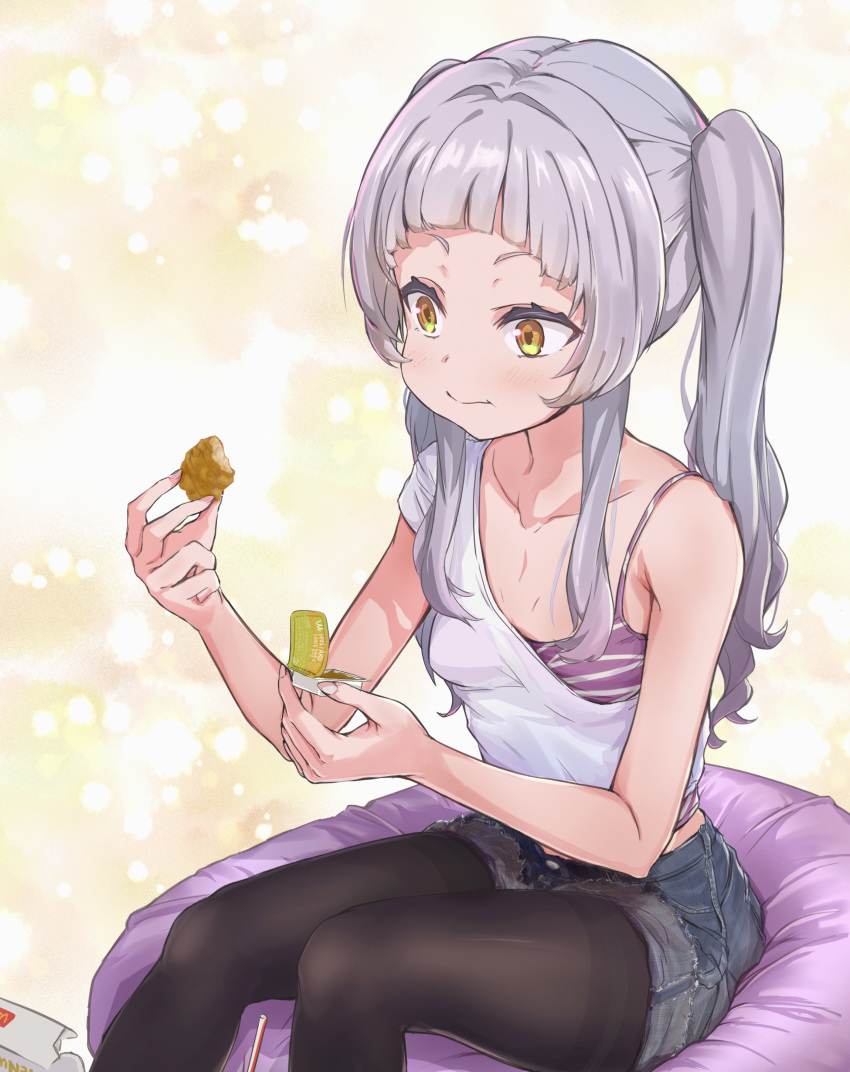 absurdres alternate_costume arched_bangs black_pantyhose blue_shorts blush camisole casual chewing chicken_nuggets commentary_request denim denim_shorts eating flat_chest frayed_clothes grey_hair harapeko_zombie_inu highres hololive long_hair mcdonald's murasaki_shion pantyhose parted_hair purple_camisole shirt short_eyebrows shorts sidelocks single-shoulder_shirt single_bare_shoulder sitting striped_camisole thighband_pantyhose virtual_youtuber white_shirt yellow_eyes