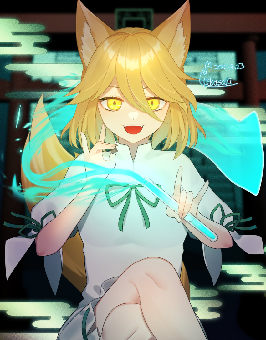 1girl animal_ears artist_name blonde_hair brown_tail commentary_request commission cowboy_shot crossed_legs dated fingernails fox_ears fox_girl fox_shadow_puppet fox_tail green_ribbon hair_between_eyes hand_up high_collar highres holding holding_test_tube holding_vial kudamaki_tsukasa long_bangs looking_at_viewer magic medium_hair nukonuko0112 open_mouth ribbon romper short_sleeves signature sitting skeb_commission slit_pupils solo tail tbsk_art teeth test_tube touhou upper_teeth_only vial white_romper yellow_eyes yellow_tail