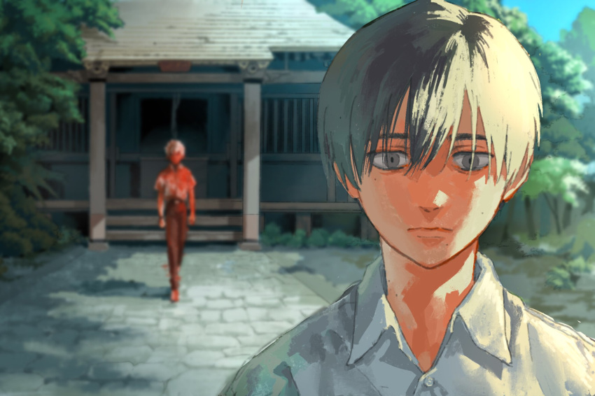 2boys arms_at_sides black_hair blood blood_in_hair blood_on_arm blood_on_clothes blood_on_face blood_on_ground blood_on_hands closed_mouth collared_shirt commentary_request dress_shirt expressionless grey_eyes hair_between_eyes highres hikari_(hikaru_ga_shinda_natsu) hikaru_ga_shinda_natsu looking_at_viewer male_focus mokumokuren_(mokmok_len) mole mole_on_neck mole_under_eye mole_under_mouth multiple_boys multiple_moles official_art outdoors pants shadow shirt short_hair shrine sidelighting stairs stone_walkway straight-on straight_hair tree tsujinaka_yoshiki walking white_hair white_shirt wing_collar wristband