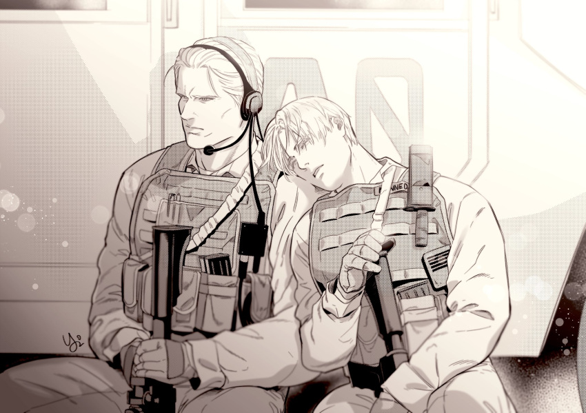 2boys bulletproof_vest closed_eyes closed_mouth gloves greyscale gun headphones highres holding holding_gun holding_weapon jack_krauser jacket knife_sheath leon_s._kennedy male_focus monochrome multiple_boys muscular muscular_male pants resident_evil resident_evil_4 resident_evil_4_(remake) sheath short_hair sitting sleeping sleeping_on_person sleeping_upright weapon ya2der2 yaoi