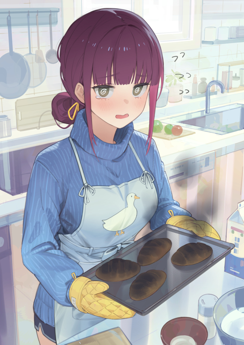 1girl @_@ absurdres apron black_shorts blue_apron blue_sweater blush bowl bread breasts burnt_food commentary_request day ddal duck_print faucet flying_sweatdrops food frying_pan grey_eyes hair_bun hair_ribbon highres holding indoors ladle long_sleeves looking_at_viewer medium_breasts milk_carton open_mouth original oven_mitts print_apron puffy_long_sleeves puffy_sleeves purple_hair ribbed_sweater ribbon short_shorts shorts sidelocks sink smoke solo spatula sweater tears tile_wall tiles turtleneck turtleneck_sweater wavy_mouth window yellow_ribbon