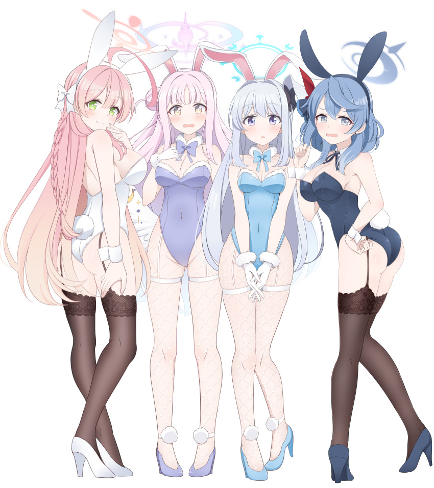 4girls ahoge ako_(blue_archive) alternate_costume angel_wings animal_ears ass bangs black_pantyhose black_thighhighs blue_archive blue_eyes blue_hair blunt_bangs bow bowtie braid breasts cleavage commentary_request detached_collar fake_animal_ears fake_tail feathered_wings fingers_to_cheeks fishnet_pantyhose fishnets from_side full_body garter_belt garter_straps gradient_hair green_eyes groin hair_between_eyes hair_bow hair_bun hair_ribbon halo hanako_(blue_archive) hand_on_hip hand_on_own_chest high_heels highleg highleg_leotard highres hoshino_ouka large_breasts leaning_forward leotard long_hair looking_at_viewer mika_(blue_archive) miyako_(blue_archive) multicolored_hair multiple_girls one_side_up own_hands_together pantyhose pink_eyes pink_hair playboy_bunny rabbit_ears rabbit_tail ribbon side_braid sidelocks simple_background single_braid single_side_bun sleeveless smile standing strapless strapless_leotard tail thighhighs very_long_hair white_background white_bow white_hair white_wings wings wrist_cuffs yellow_eyes