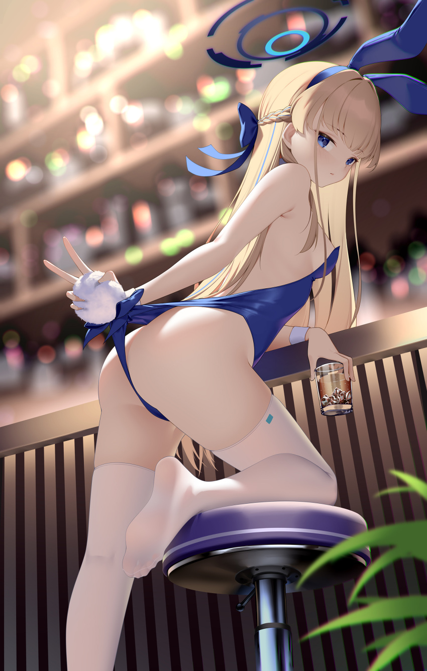 1girl absurdres animal_ears ass back bare_shoulders bingchuan_xian_yu_huang blonde_hair blue_archive blue_eyes blue_leotard blush braid breasts cup drinking_glass fake_animal_ears fake_tail french_braid halo highleg highleg_leotard highres leotard long_hair looking_at_viewer looking_back playboy_bunny rabbit_ears rabbit_tail small_breasts solo stool tail thighhighs thighs toki_(blue_archive) toki_(bunny)_(blue_archive) white_thighhighs wrist_cuffs