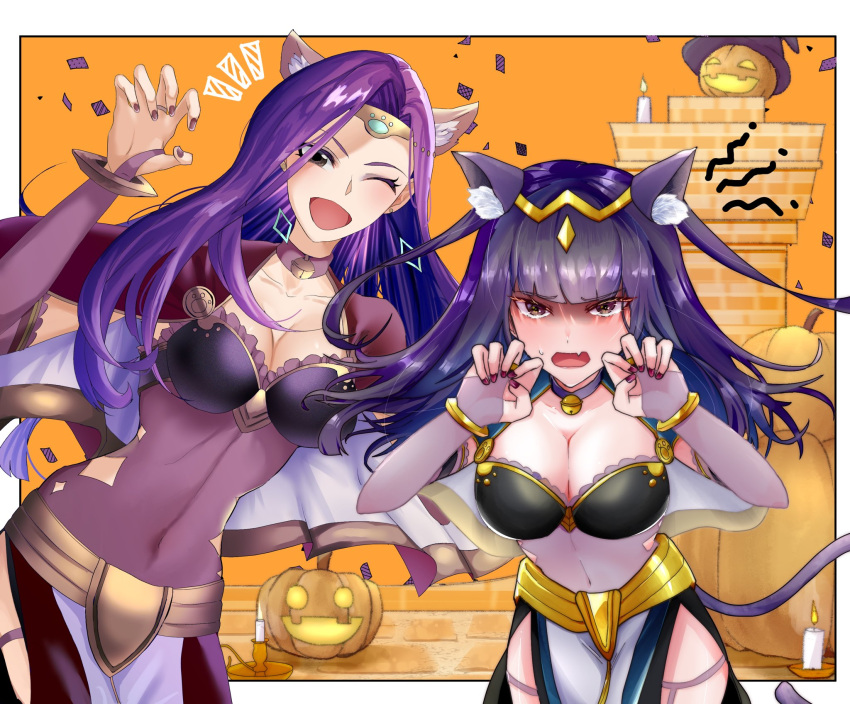 2girls 2sirokma0930 alternate_costume animal_ears bell black_hair blunt_bangs breasts bridal_gauntlets candle capelet cat_ears cat_tail claw_pose covered_navel fake_animal_ears fake_tail fire_emblem fire_emblem_awakening fire_emblem_echoes:_shadows_of_valentia hat highres jack-o'-lantern large_breasts looking_at_viewer multiple_girls neck_bell one_eye_closed pelvic_curtain purple_hair sonya_(fire_emblem) sweatdrop tail tharja_(fire_emblem) witch_hat