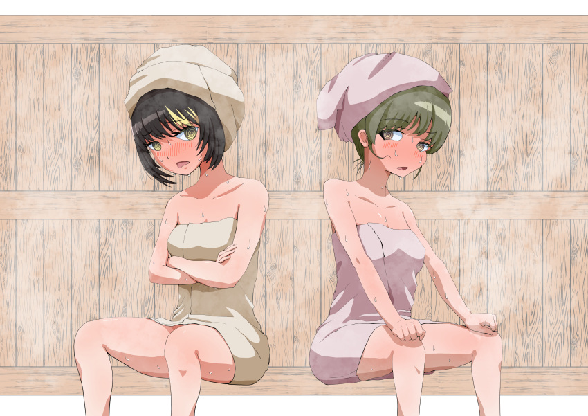 2girls @_@ absurdres blush breasts brown_hair check_commentary collarbone commentary commentary_request crossed_arms green_hair hands_on_own_knees highres hot idolmaster idolmaster_shiny_colors ikaruga_luca looking_at_another medium_breasts multicolored_hair multiple_girls naked_towel nanakusa_nichika open_mouth sauna sidelocks simple_background sitting small_breasts split_screen streaked_hair sweat towel towel_on_head very_mao very_sweaty wooden_wall