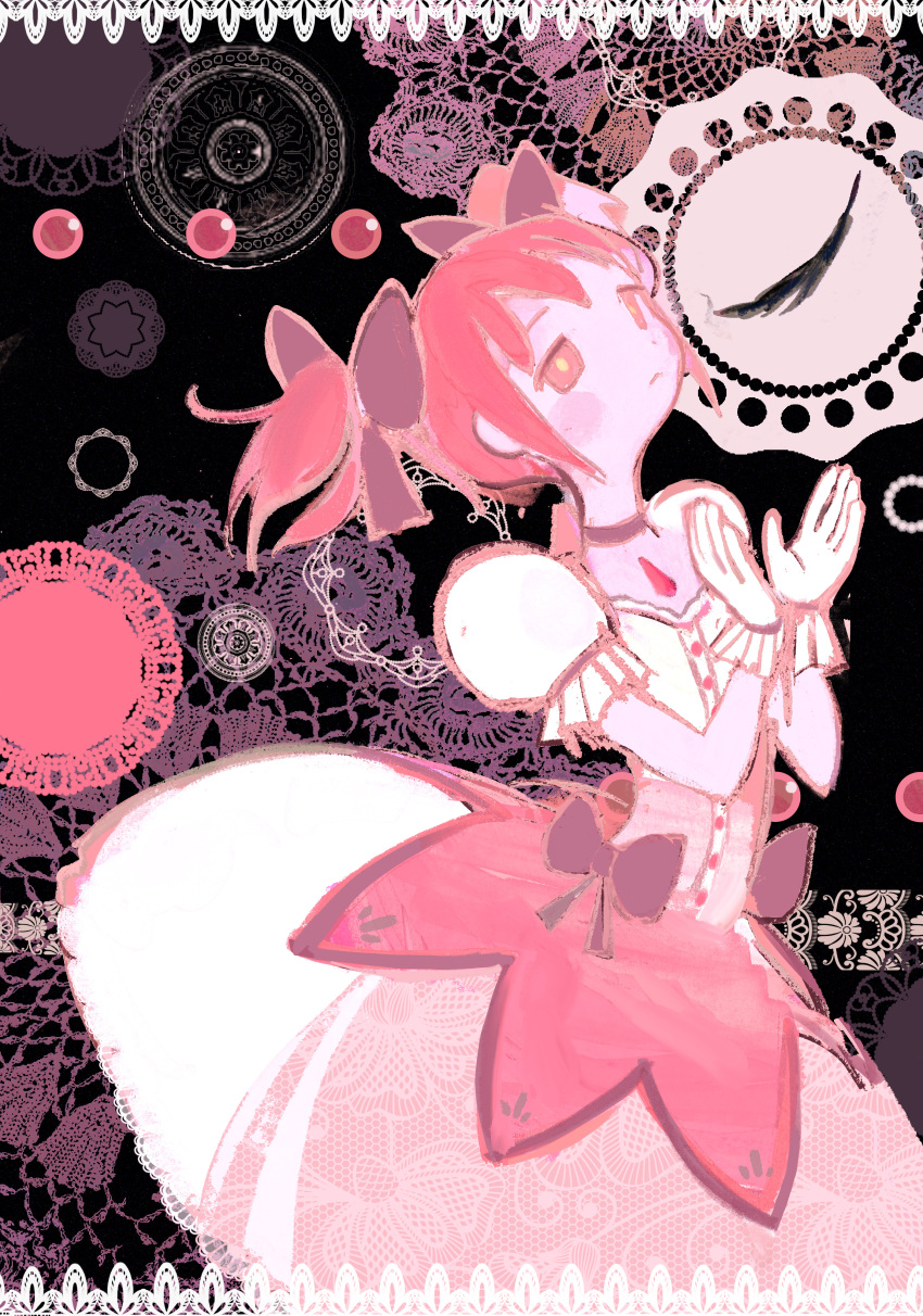 1girl abstract_background absurdres bigskycastle black_bow black_choker blush_stickers bow buttons chest_jewel choker closed_mouth commentary cowboy_shot dress english_commentary frilled_gloves frilled_sleeves frills from_side gem gloves hair_bow hands_up highres kaname_madoka lace-trimmed_dress lace_background lace_border lace_print lace_trim light_frown looking_up magical_girl mahou_shoujo_madoka_magica multicolored_clothes multicolored_dress overskirt own_hands_together pink_dress pink_eyes pink_hair print_dress puffy_short_sleeves puffy_sleeves short_hair short_sleeves short_twintails solo standing tareme twintails white_dress white_gloves yellow_pupils