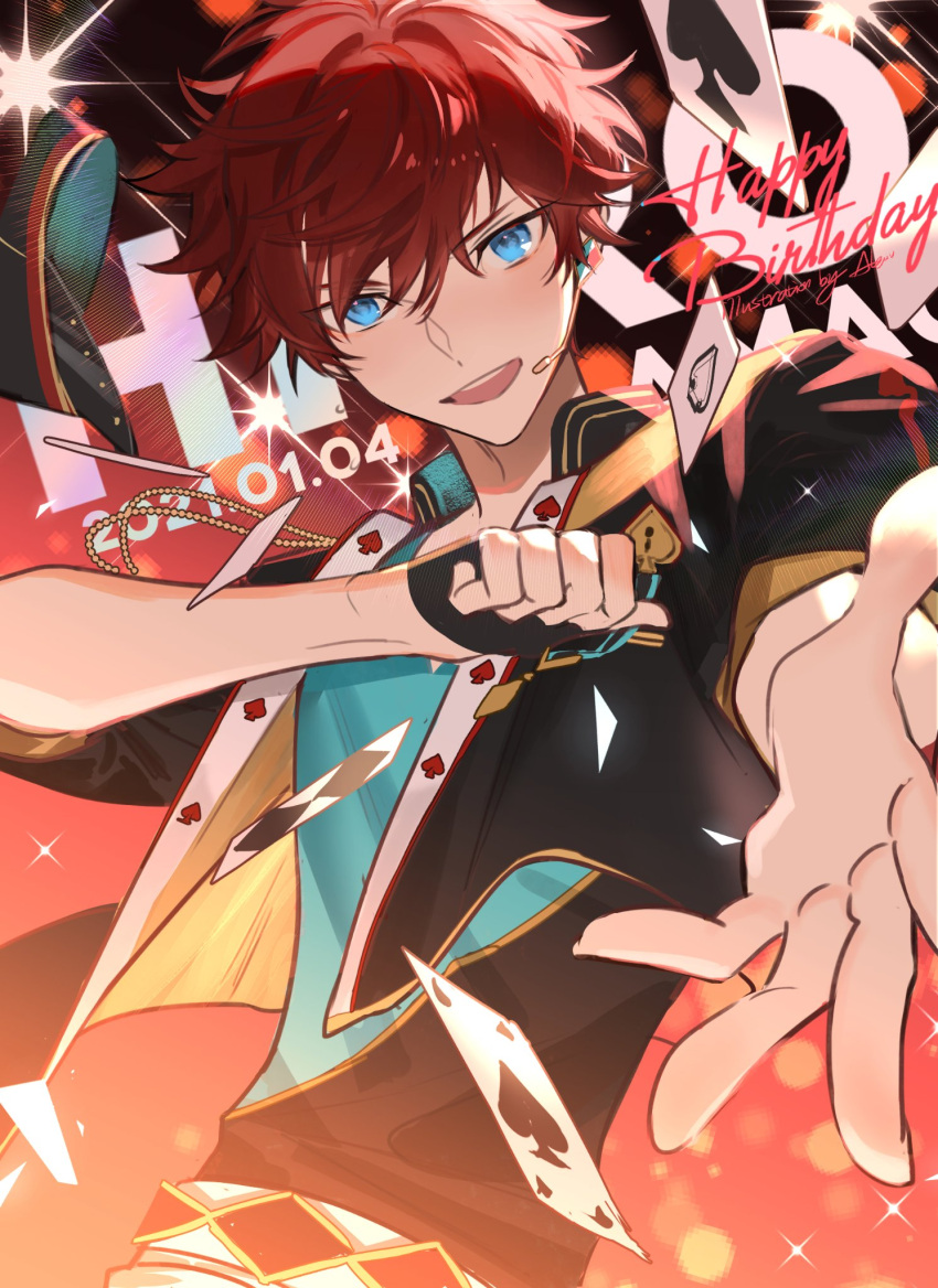 1boy aleo amagi_hiiro artist_name black_gloves blue_eyes card clenched_hand commentary dated ensemble_stars! fingerless_gloves gloves happy_birthday hat hat_removed headwear_removed high_collar highres jacket looking_at_viewer male_focus microphone open_clothes open_jacket open_mouth outstretched_hand playing_card red_hair short_hair single_glove solo spade_(shape) teeth upper_teeth_only