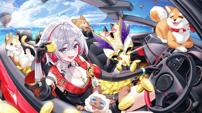 1girl asymmetrical_gloves black_gloves blue_eyes blue_sky breasts cleavage cloud cloudy_sky coin collar collared_shirt gloves grey_hair hair_between_eyes highres holding holding_coin honkai:_star_rail honkai_(series) long_sleeves looking_at_viewer medium_breasts multicolored_hair myless open_mouth outdoors red_hair shirt short_hair sky smile solo streaked_hair teeth topaz_(honkai:_star_rail) uneven_gloves white_collar white_shirt