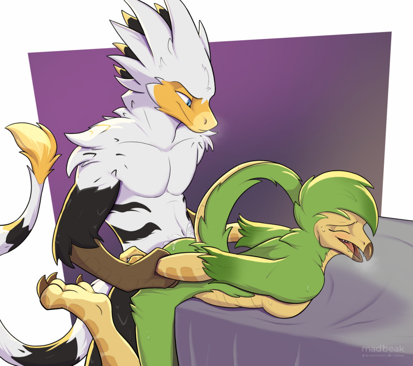 3_toes anthro anthro_on_anthro anthro_penetrated anthro_penetrating anthro_penetrating_anthro arm_grab arm_pull beak bent_over_bed claws deinonychus dinosaur dromaeosaurid duo eyes_closed feet female from_behind_position green_body hi_res madbeak male male/female penetration prison_guard_position reptile scalie scuted_arms scutes sex smile tail tail_tuft theropod toe_claws toes tuft white_body yskra