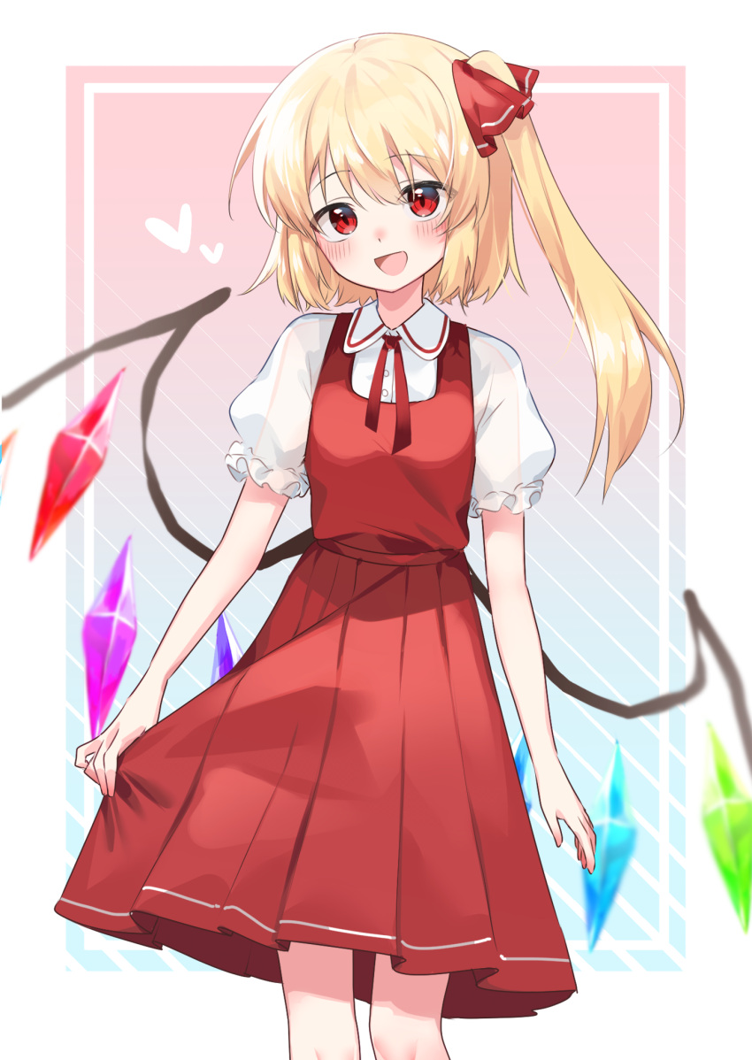 1girl blonde_hair border flandre_scarlet heart highres jacket looking_at_viewer rainbow_wings red_eyes red_jacket red_skirt shirt short_sleeves skirt smile solo suikario touhou white_border white_shirt