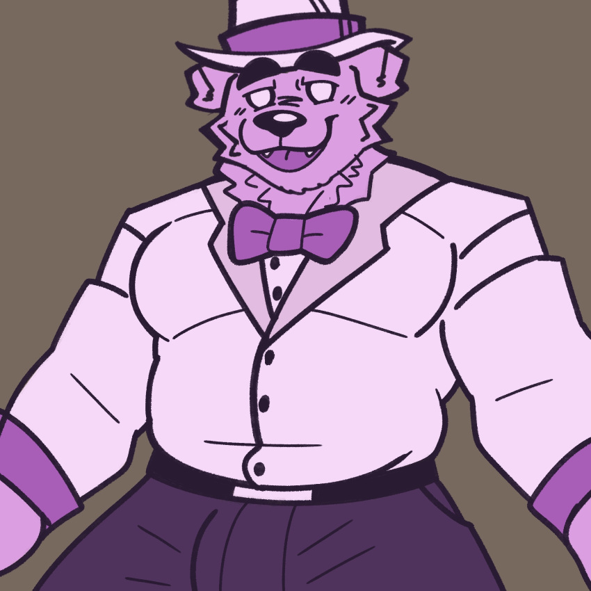 2d_(artwork) anonymous_artist anthro bow_ribbon canid canine canis clothed clothing domestic_dog dress_shirt five_nights_at_freddy's fur hair hat headgear headwear hi_res male mammal muscular muscular_male necktie purple_body purple_fur purple_hair scottgames shirt smile solo suit topwear uhyeah youtube youtuber