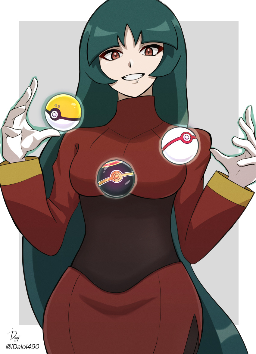 1girl absurdres black_bodysuit bodysuit cropped_jacket floating floating_object gloves green_hair gs_ball highres ida_(idalol490) long_hair long_sleeves luxury_ball poke_ball pokemon pokemon_(game) pokemon_frlg premier_ball psychic red_eyes red_skirt sabrina_(pokemon) side_slit skirt smile solo teeth twitter_username upper_body very_long_hair white_gloves