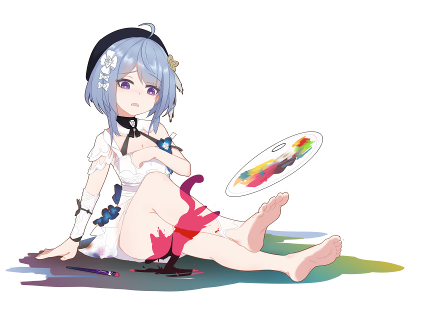 1girl absurdres ahoge barefoot beret black_headwear blue_hair colored_shadow dress full_body full_moon griseo hair_ornament hat highres honkai_(series) honkai_impact_3rd leg_up moon on_floor open_mouth paintbrush palette_(object) purple_eyes shadow short_hair simple_background sitting soles solo toes white_background white_dress yi_fa_jun(597617443)