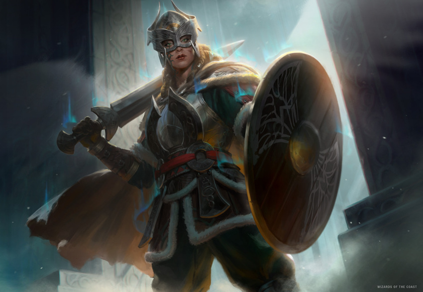 1girl armor cape company_name fur_cape helmet holding holding_shield holding_sword holding_weapon kilart magic:_the_gathering over_shoulder shield solo sword watermark weapon weapon_over_shoulder