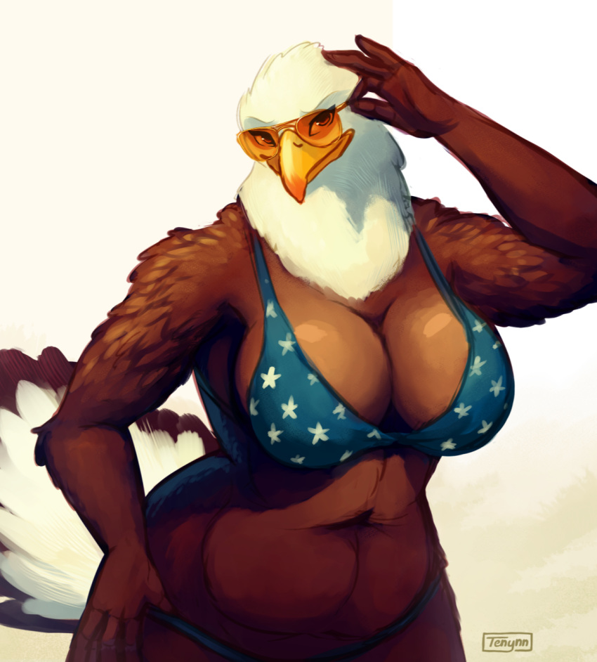 accipitrid accipitriform american_eagle american_flag_bikini anthro avian bald_eagle beak big_breasts bird breasts brown_body brown_feathers cleavage clothed clothing eagle eyewear feathers female hi_res looking_at_viewer sea_eagle simple_background smile solo sunglasses tail_feathers tenynn white_background white_body white_feathers