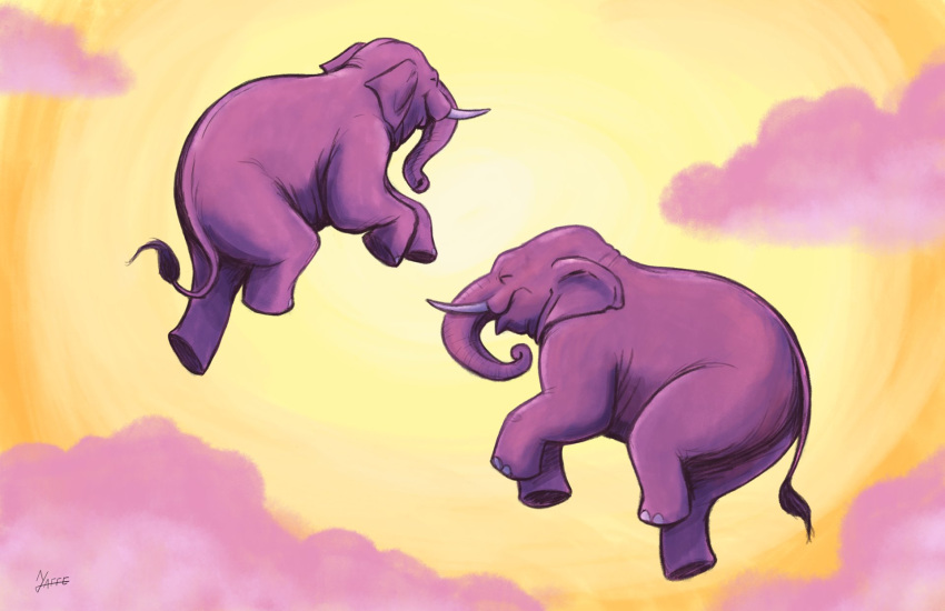 ambiguous_gender cloud disney drawfee dumbo_(movie) duo elephant elephantid feral floating hi_res mammal nathan_yaffe pink_body pink_elephant_(dumbo) proboscidean sky smile tail tail_tuft trunk tuft tusks