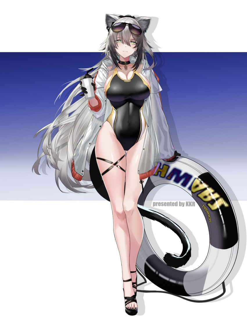 1girl absurdres animal_ears arknights black_choker black_gloves black_one-piece_swimsuit breasts cat_ears cat_tail choker cleavage commentary_request cup drop_shadow full_body gloves highres holding holding_cup innertube jacket large_breasts long_sleeves one-piece_swimsuit open_clothes open_jacket schwarz_(arknights) solo srpzk standing sunglasses swimsuit tail white_jacket