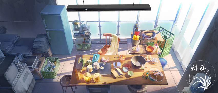 artist_logo ceiling_light chair crate food frying_pan highres indoors jar kettle microwave no_humans original plate refrigerator scenery table vegetable window wooden_chair wooden_table xingzhi_lv