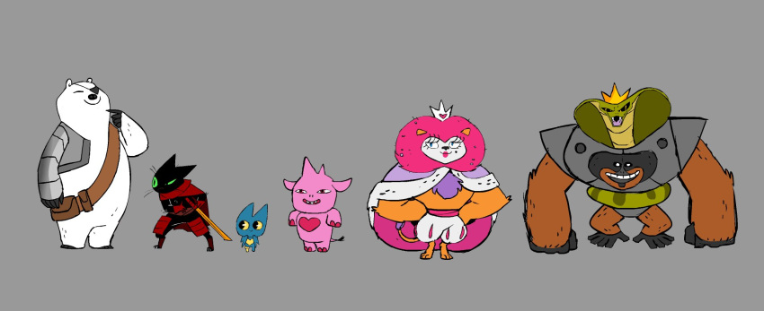 2013 adorabat anthro bat bear bearclops_(mao_mao:_heroes_of_pure_heart) biped black_body brown_body cartoon_network cloak clothing concept_art crown domestic_cat felid feline felis group headgear hi_res king king_snugglemagne_xxv lion mammal mao_mao:_heroes_of_pure_heart official_art orangusnake pantherine parker_simmons pink_body royalty sheriff_mao_mao_mao weapon white_body