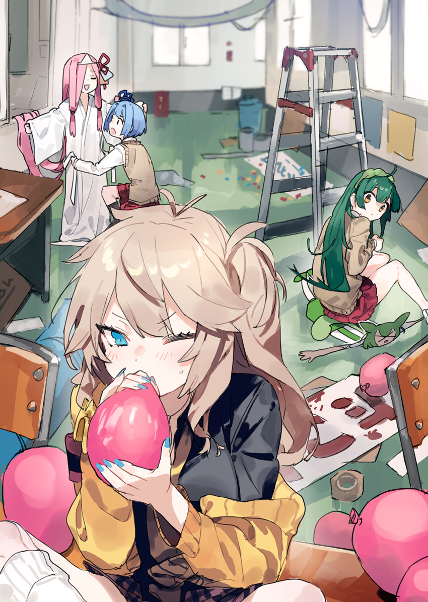 5girls ahoge balloon black_shirt blonde_hair blue_eyes blue_hair blue_nails brown_eyes cardigan chair closed_eyes green_hair hallway highres hitogome indoors kasukabe_tsumugi kotonoha_akane kotonoha_aoi ladder light_blush long_hair long_sleeves multiple_girls nail_polish one_eye_closed open_cardigan open_clothes open_mouth pink_hair pleated_skirt red_skirt shirt short_hair skirt sweater_vest touhoku_zunko very_long_hair voiceroid voicevox window zundamon