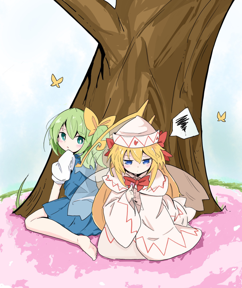 2girls absurdres animal barefoot blonde_hair blue_eyes blue_skirt blue_vest blush bug butterfly capelet closed_mouth daiyousei dress fairy fairy_wings green_eyes green_hair hair_between_eyes hat highres lily_white long_hair long_sleeves multiple_girls parted_lips shirt short_sleeves side_ponytail skirt spoken_squiggle squiggle tatutaniyuuto touhou tree vest white_capelet white_dress white_headwear white_shirt wide_sleeves wings