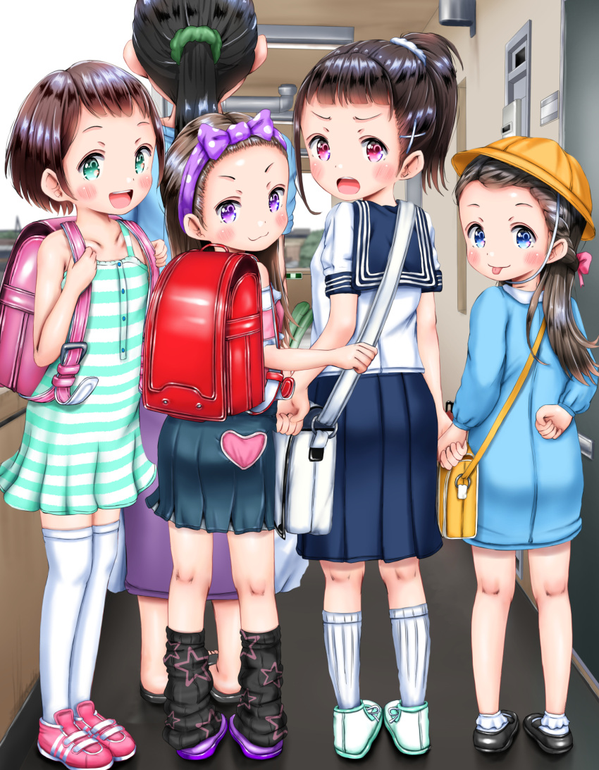 5girls :3 :p backpack bag black_hair black_socks blue_dress blue_eyes blue_skirt blue_stripes blush bow brown_hair crime_prevention_buzzer day dress green_eyes green_scrunchie grocery_bag hair_bow hair_ornament hair_scrunchie hallway hat heart higeepon high_ponytail highres kindergarten_uniform kneehighs long_hair looking_at_viewer looking_back mother_and_daughter multiple_girls open_mouth original outdoors paid_reward_available pink_bow pink_eyes pink_footwear ponytail purple_eyes randoseru school_bag school_hat school_uniform scrunchie serafuku shoes shopping_bag short_hair siblings sisters skirt sky sneakers socks spring_onion star_(symbol) star_print striped striped_dress tongue tongue_out white_footwear white_scrunchie white_socks zettai_ryouiki