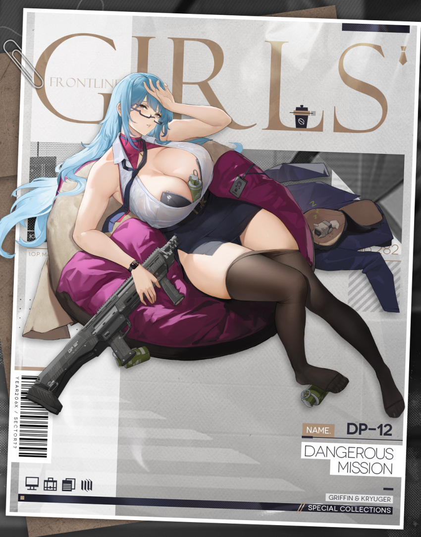 1girl animal_ear_request artist_request barcode bean_bag_chair belt belt_buckle between_breasts black_pantyhose blue_hair blue_jacket blue_necktie blue_skirt breasts brown_eyes buckle character_name clothes_pull commentary copyright_name dinergate_(girls'_frontline) dp-12_(dangerous_mission)_(girls'_frontline) dp-12_(girls'_frontline) english_commentary feet full_body girls'_frontline glasses gun hand_on_own_head highres holding holding_gun holding_weapon huge_breasts jacket jacket_removed lanyard long_hair long_sleeves loose_necktie lying necktie no_shoes office_lady official_alternate_costume official_art on_back pantyhose pantyhose_pull paperclip parted_lips partially_unzipped pencil_skirt promotional_art rectangular_eyewear sangvis_ferri second-party_source semi-rimless_eyewear shirt shrug_(clothing) skirt sleeveless sleeveless_shirt smoke_grenade solo standard_manufacturing_dp-12 toes under-rim_eyewear very_long_hair watch weapon white_shirt wristwatch zzz
