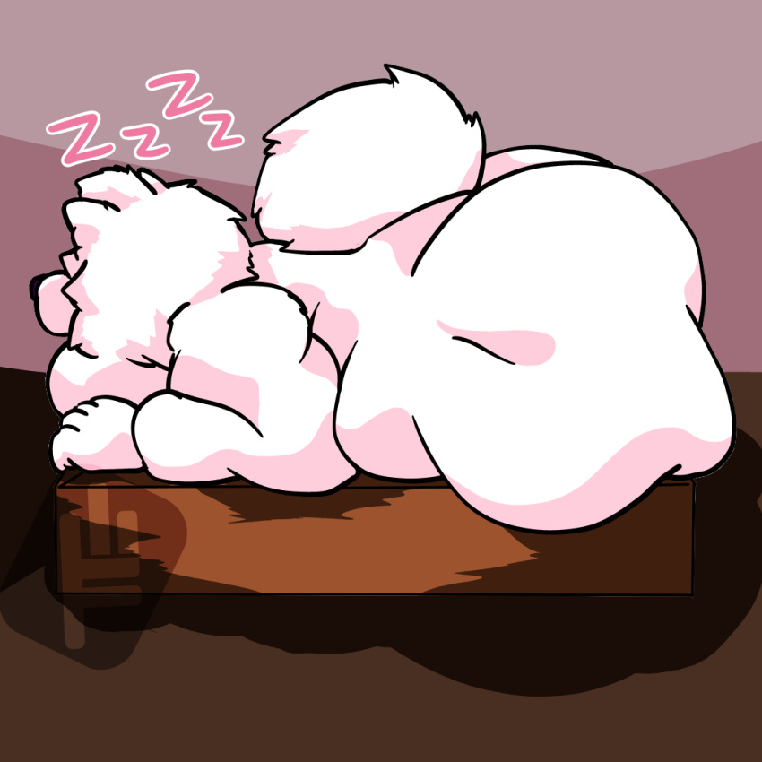 anthro ass_up barazoku bed_frame big_butt butt butt_ripples canid canine canis cast_shadow cel_shading digital_media_(artwork) domestic_dog fluffy fluffy_tail fujiyama_kenhaku fujiyama_samoyed_(artist) fur head_floof huge_butt hyper hyper_butt kemono male mammal neck_tuft nordic_sled_dog obese obese_anthro obese_male overweight overweight_anthro overweight_male purple_nose samoyed shaded simple_background sleeping solo spitz tail text tuft white_body