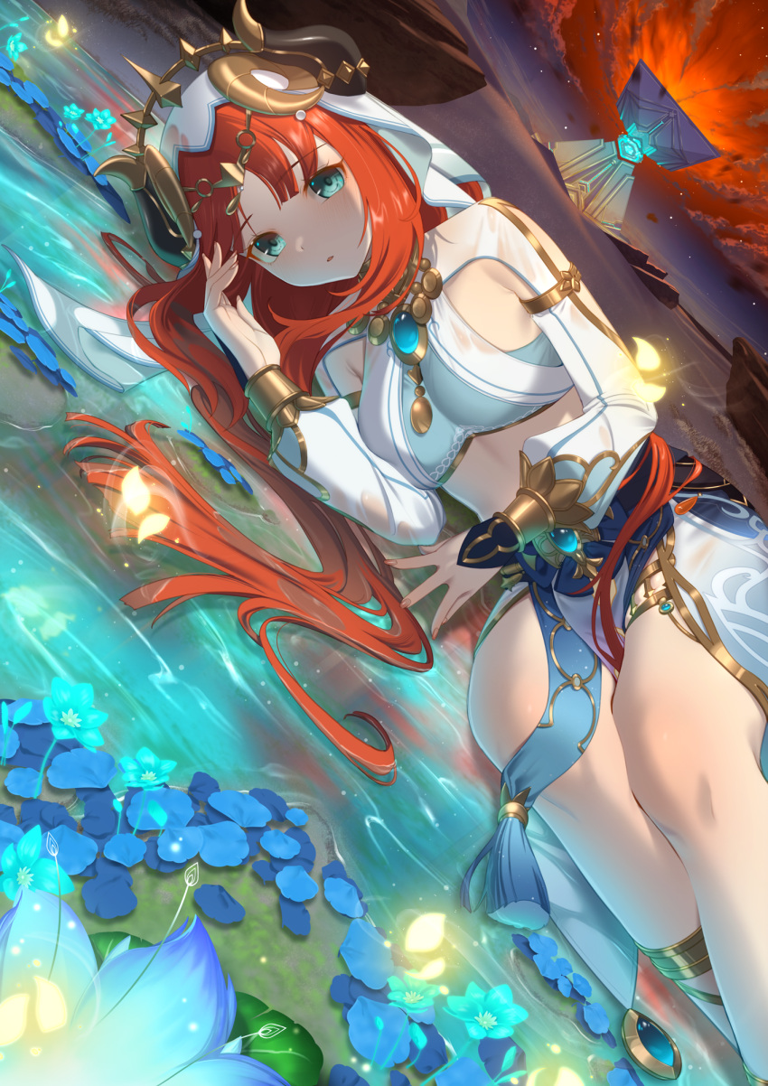 1girl blue_eyes blue_flower blue_skirt breasts brooch commentary crop_top desert fake_horns flower genshin_impact highres horns jewelry long_hair long_sleeves looking_at_viewer lying meda medium_breasts midriff nilou_(genshin_impact) on_side outdoors parted_lips petals pyramid_(structure) red_hair skirt solo thighlet veil very_long_hair water