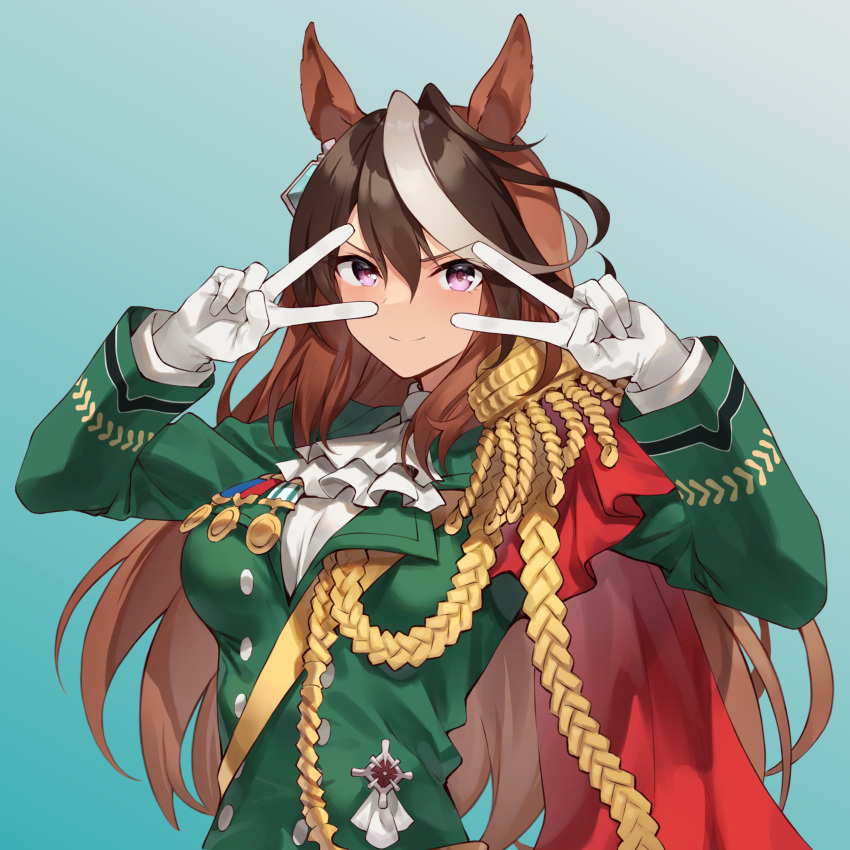 1girl absurdres aiguillette animal_ears ascot breasts brown_hair buttons cape commentary_request double-breasted double_v dress_shirt earrings epaulettes gloves gradient_background green_jacket hair_between_eyes highres horse_ears horse_girl jacket jewelry long_hair long_sleeves looking_at_viewer medal medium_breasts motsunabe_(mo2nap3) multicolored_hair purple_eyes red_cape shirt side_cape single_earring single_epaulette smile solo streaked_hair symboli_rudolf_(umamusume) umamusume upper_body v v_over_eye white_ascot white_gloves white_hair white_shirt
