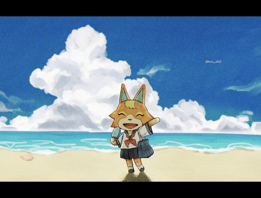 1girl :d ^_^ animal_crossing arm_up artist_name audie_(animal_crossing) bag beach black_sailor_collar black_skirt blue_bag blue_sky brown_footwear closed_eyes cloud commentary_request day food fox_girl furry furry_female happy highres holding holding_food holding_popsicle horizon kaji_(oni_atat) letterboxed neckerchief ocean open_mouth outdoors pleated_skirt popsicle red_neckerchief sailor_collar sailor_shirt sand school_bag school_uniform seashell serafuku shell shirt shoes short_sleeves shoulder_bag skirt sky sleeve_cuffs smile socks solo standing twitter_username water white_shirt white_socks