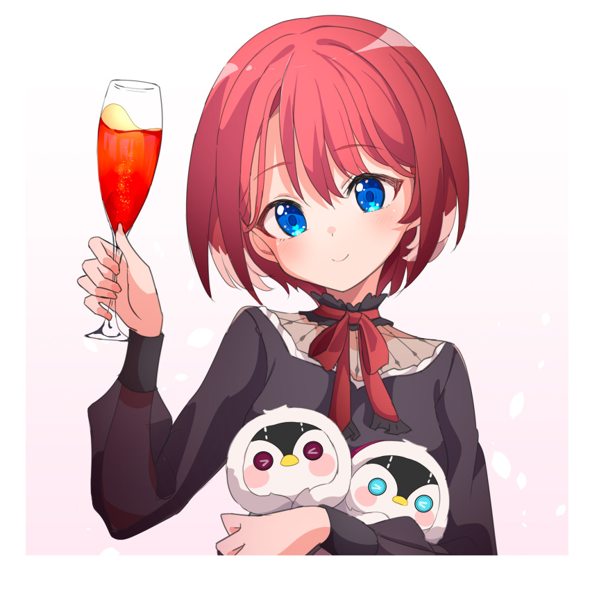 1girl ame. black_dress blue_eyes bow breasts closed_mouth commentary_request cup dress drink gradient_background hand_up head_tilt highres holding holding_cup hololive long_sleeves looking_at_viewer medium_breasts pink_background pink_nails puffy_long_sleeves puffy_sleeves red_bow red_hair see-through see-through_sleeves smile takane_lui upper_body virtual_youtuber white_background