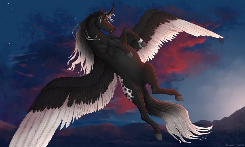 absurd_res alterion_(alter) appaloosa appaloosa_(marking) chain equid equine feral flying hi_res horn horse kamilazu male mammal mountain night smile solo spread_wings winged_unicorn wings