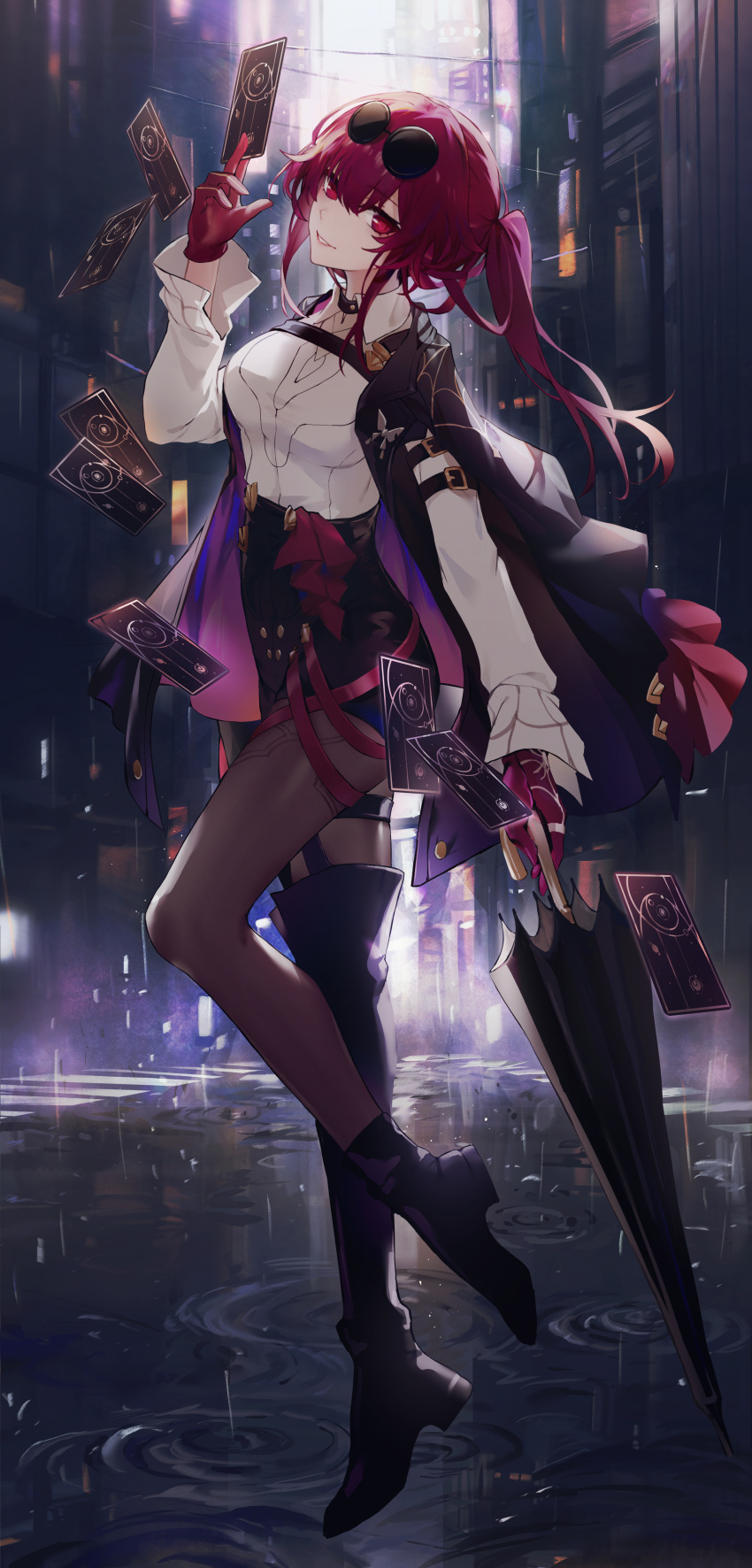 1girl absurdres black_footwear black_jacket black_shorts boots card chest_harness city city_lights cityscape collared_shirt commentary_request eyewear_on_head gloves hair_between_eyes harness high-waist_shorts highres holding holding_umbrella honkai:_star_rail honkai_(series) jacket kafka_(honkai:_star_rail) long_hair long_sleeves looking_at_viewer outdoors pantyhose pantyhose_under_shorts pince-nez purple_eyes purple_gloves purple_hair purple_pantyhose rain round_eyewear shirt shorts sidelocks single_thigh_boot smile solo standing sunglasses swkl:d thigh_boots umbrella water_drop white_shirt