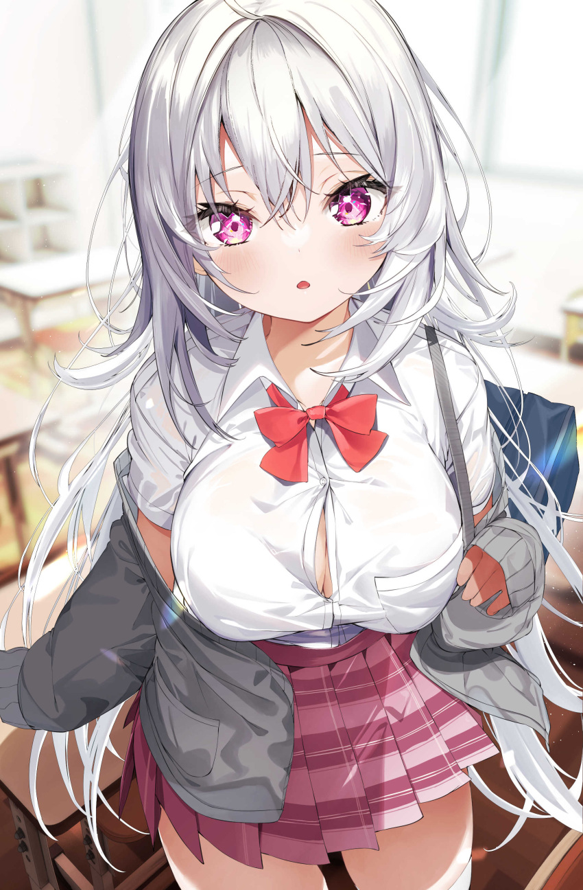 1girl absurdres bag blurry blurry_background bow breasts cardigan chair collared_shirt commentary_request depth_of_field desk dress_shirt grey_cardigan grey_hair hair_between_eyes highres indoors kamioka_shun'ya large_breasts long_hair long_sleeves looking_at_viewer open_cardigan open_clothes original parted_lips pink_skirt pleated_skirt purple_eyes red_bow school_bag school_chair school_desk school_uniform shiori_(kamioka_shun'ya) shirt short_sleeves skirt sleeves_past_wrists solo very_long_hair white_shirt