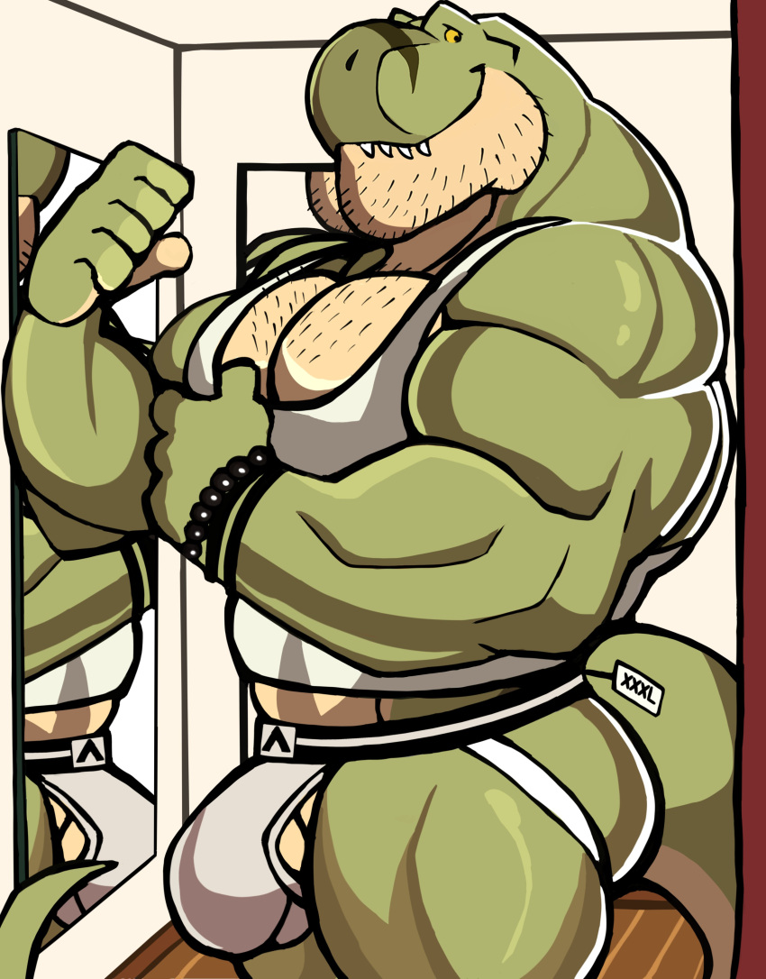 absurd_res anthro biceps body_hair bulge chest_hair clothing darknaigart dinosaur green_body handwear hi_res jace_(darknaig) jockstrap male mirror muscular muscular_anthro muscular_male pecs reptile scalie shaved solo teeth theropod tyrannosaurid tyrannosaurus tyrannosaurus_rex underwear yellow_eyes