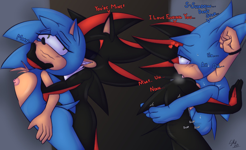 &lt;3 2023 against_surface against_wall ahegao anthro bdsm black_body black_fur black_sclera blue_body blue_fur blush bodily_fluids breath chain chained cuff_(restraint) dialogue digital_drawing_(artwork) digital_media_(artwork) duo english_text eulipotyphlan evil_grin fangs fur grabbing_cheek gradient_background green_eyes gynomorph hedgehog hi_res holding_up intersex intersex/male intersex_penetrated leylahshan looking_pleasured male male_penetrating male_penetrating_intersex mammal nipples onomatopoeia open_mouth penetration profanity restrained restraints sega sex shaded shadow_the_hedgehog side_view signature simple_background smile sonic_the_hedgehog sonic_the_hedgehog_(series) sound_effects submissive sweat sweatdrop teeth text tongue tongue_out white_body white_fur