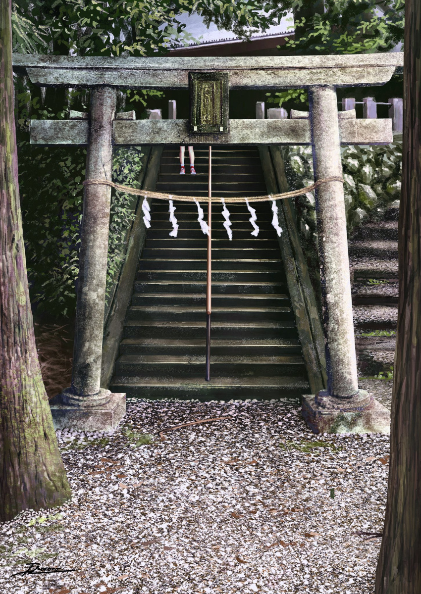 1other ambiguous_gender bare_legs bush commentary day disembodied_limb forest fracoco highres horror_(theme) nature original outdoors railing red_footwear rope scenery shide shimenawa shrine signature solo stairs standing torii tree