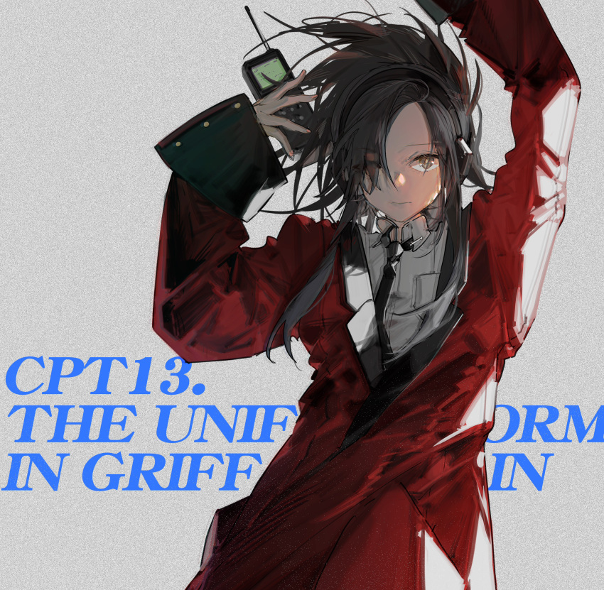 1girl absurdres angelia_(girls'_frontline) arms_up black_hair black_necktie blueblossom closed_mouth coat collared_shirt expressionless girls'_frontline hair_over_one_eye highres holding_walkie-talkie long_hair long_sleeves looking_at_viewer necktie red_coat shirt sketch solo upper_body walkie-talkie white_shirt