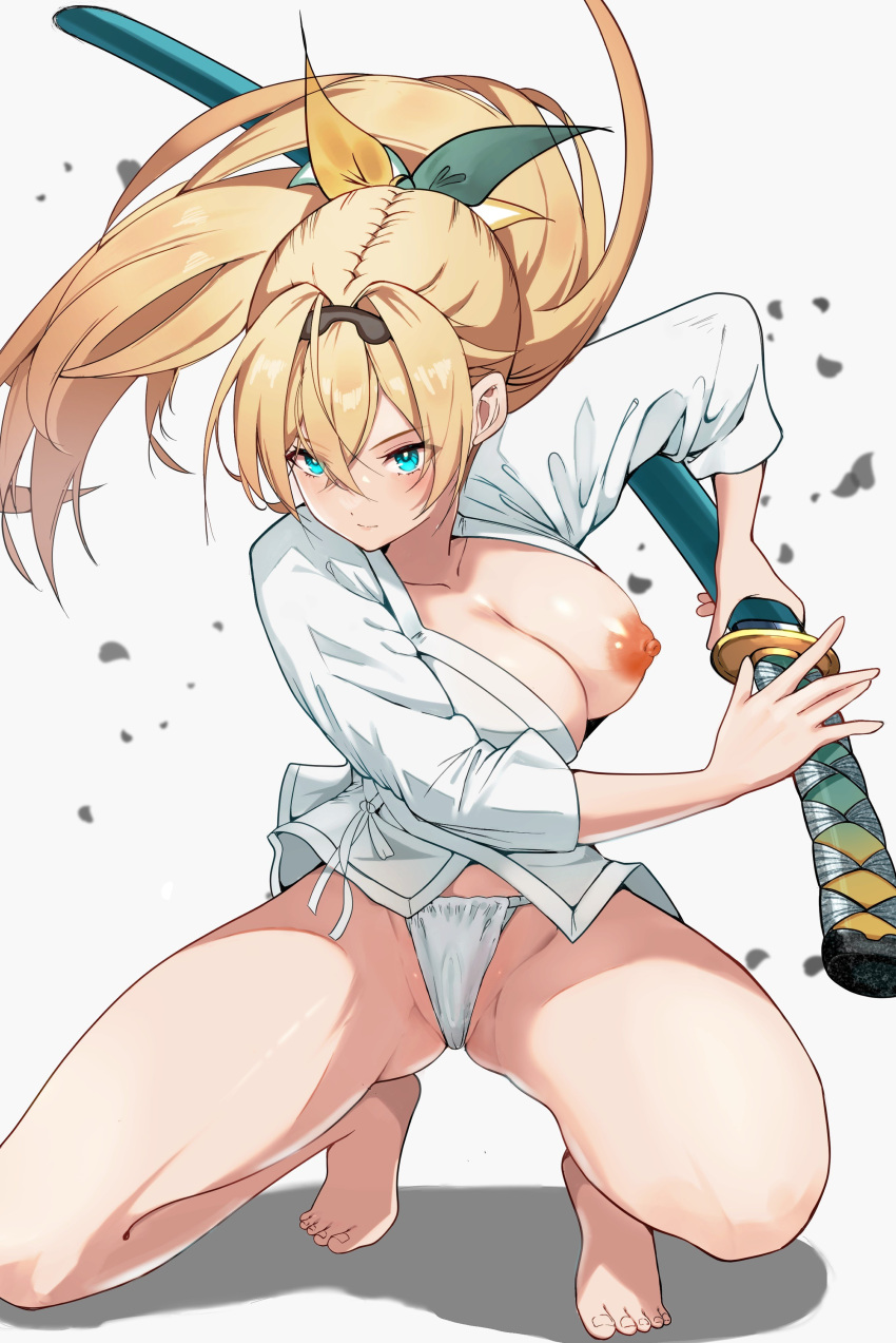 1girl absurdres aqua_eyes barefoot blonde_hair blush breasts closed_mouth collarbone fundoshi hair_between_eyes hairband highres holding holding_weapon hololive japanese_clothes kazama_iroha large_breasts looking_at_viewer nipples one_breast_out panties ponytail solo squatting tomo0843 underwear virtual_youtuber weapon white_background white_panties