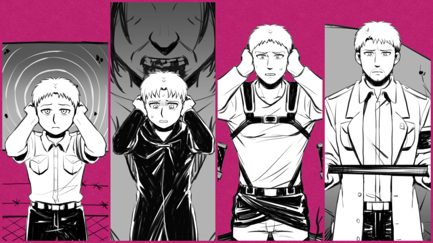 1boy 1other age_progression barbed_wire blood blood_from_mouth child coat commentary covering_own_ears facial_hair fence frown goatee greyscale greyscale_with_colored_background highres holding male_focus monochrome purple_background reiner_braun shingeki_no_kyojin sweatdrop symbol-only_commentary titan_(shingeki_no_kyojin) yanglao_paopaoren