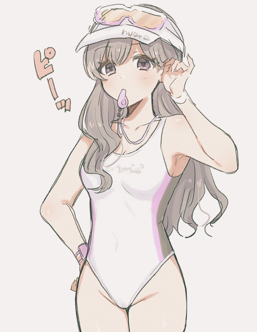 1b_104 1girl adjusting_hair blowing_whistle breasts collarbone cowboy_shot eyelashes goggles goggles_on_headwear grey_hair groin hand_on_own_hip highres idolmaster idolmaster_shiny_colors light_blush long_hair medium_breasts mouth_hold one-piece_swimsuit purple_eyes solo sound_effects swimsuit tareme translated whistle whistle_around_neck white_background white_headwear white_swimsuit yukoku_kiriko
