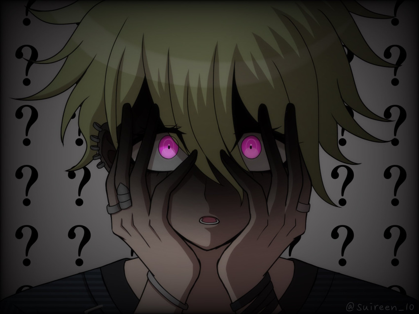 1boy :o ? ?? alternate_eye_color amami_rantaro bracelet danganronpa_(series) danganronpa_v3:_killing_harmony green_hair grey_background hair_between_eyes hands_on_own_cheeks hands_on_own_face highres jewelry lower_teeth_only male_focus pink_eyes portrait ring shirt short_hair solo striped striped_shirt suiren_yurei teeth