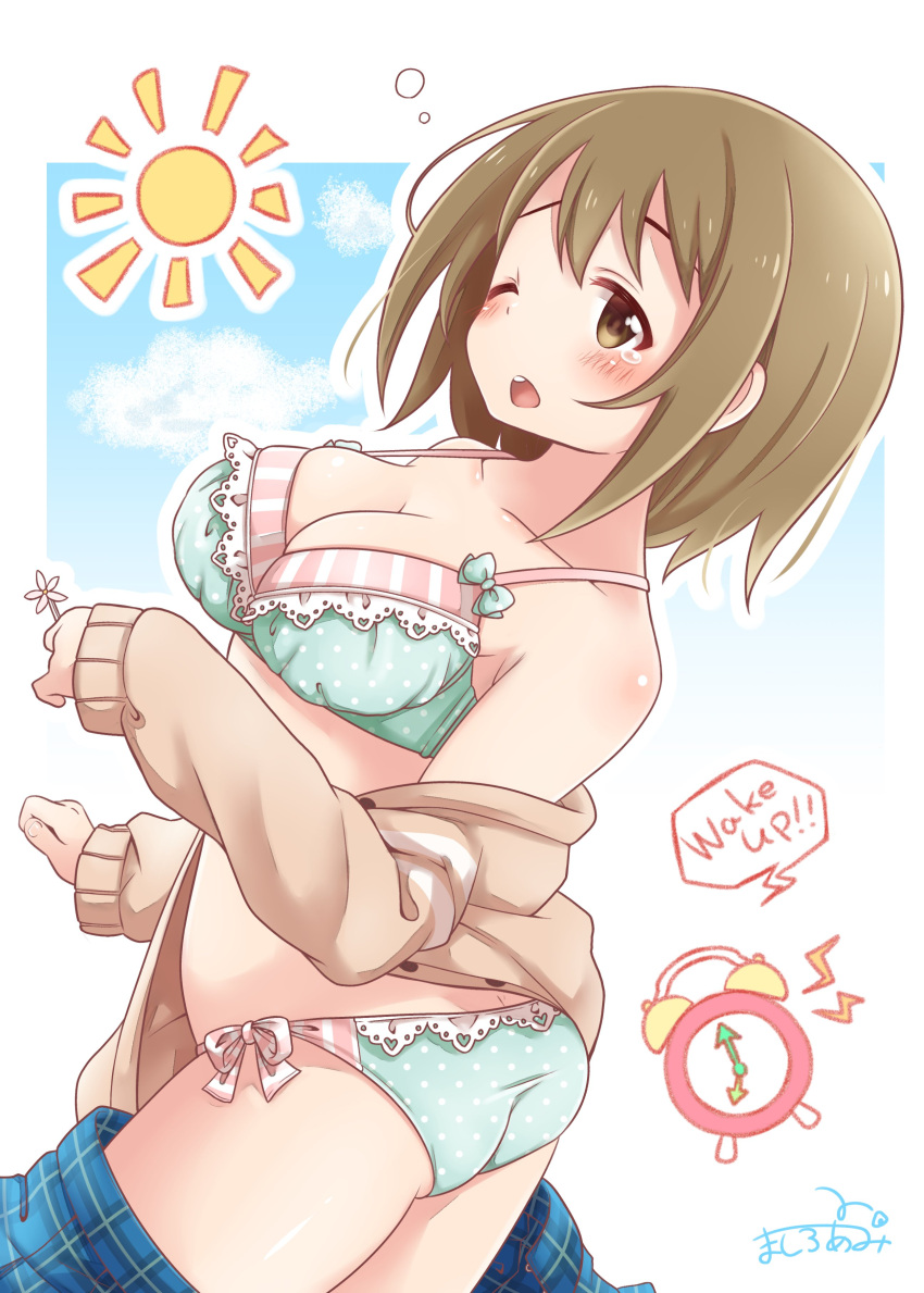 1girl absurdres alarm_clock artist_name blue_skirt blue_sky blush bra breasts brown_cardigan brown_eyes brown_hair cardigan cleavage clock cloud collarbone english_text frilled_bra frills from_side green_bra green_panties hair_ornament hairclip highres holding idolmaster idolmaster_cinderella_girls idolmaster_cinderella_girls_starlight_stage large_breasts long_sleeves looking_at_another maka073 mimura_kanako morning off_shoulder open_mouth panties plaid plaid_skirt pleated_skirt plump polka_dot polka_dot_bra polka_dot_panties short_hair side-tie_panties signature skirt sky sleepy solo speech_bubble sun tears teeth underwear upper_teeth_only